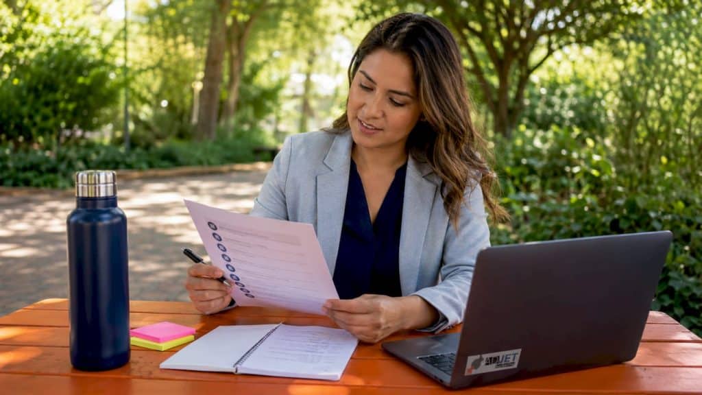 Healthcare manager reviewing marketing checklist