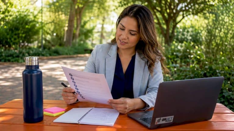 Healthcare manager reviewing marketing checklist
