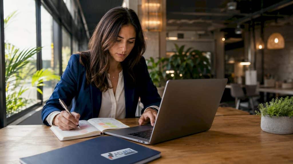 Clinic marketing manager working on laptop