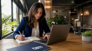 Clinic marketing manager working on laptop