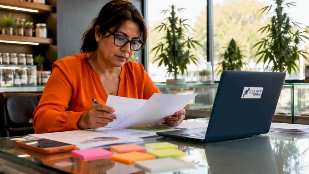 Businesswoman organizing cannabis SEO reports at desk