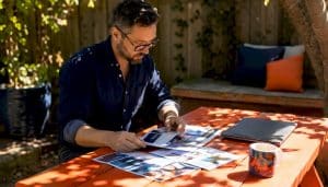 Business owner reviewing marketing alternatives at home