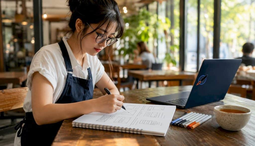 Woman sketching landing page wireframes