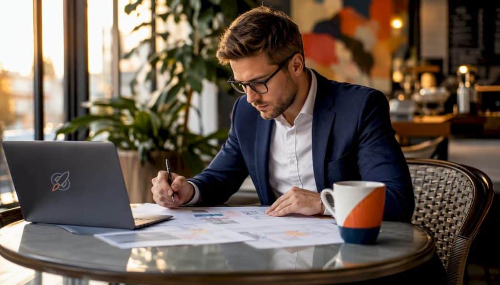 Marketing manager reviewing campaign plans at table