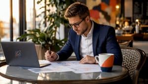 Marketing manager reviewing campaign plans at table