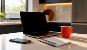 Workspace with digital marketing tools off and ready