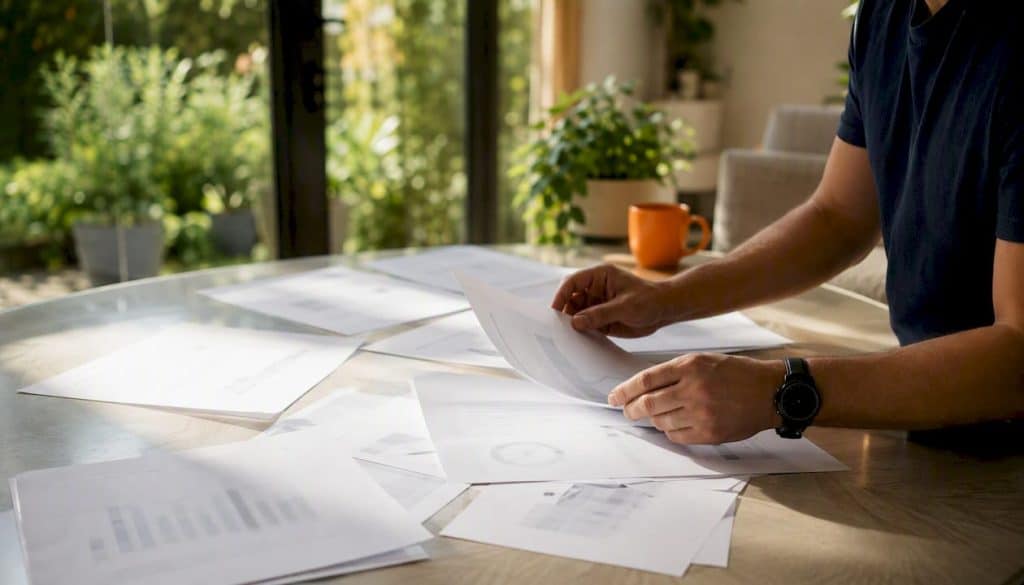 Hands sorting web traffic charts on desk