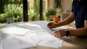 Hands sorting web traffic charts on desk