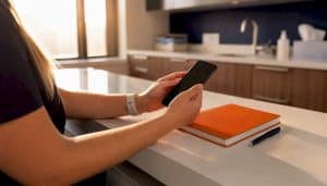 Hands adjusting smartphone on clinic desk