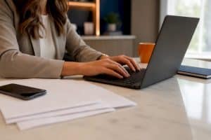 Hands entering patient referral data in clinic