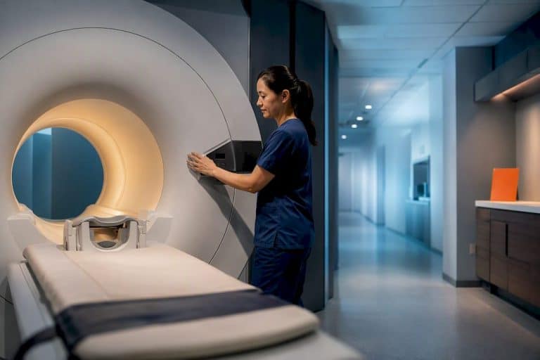 Radiologic technologist beside MRI scanner