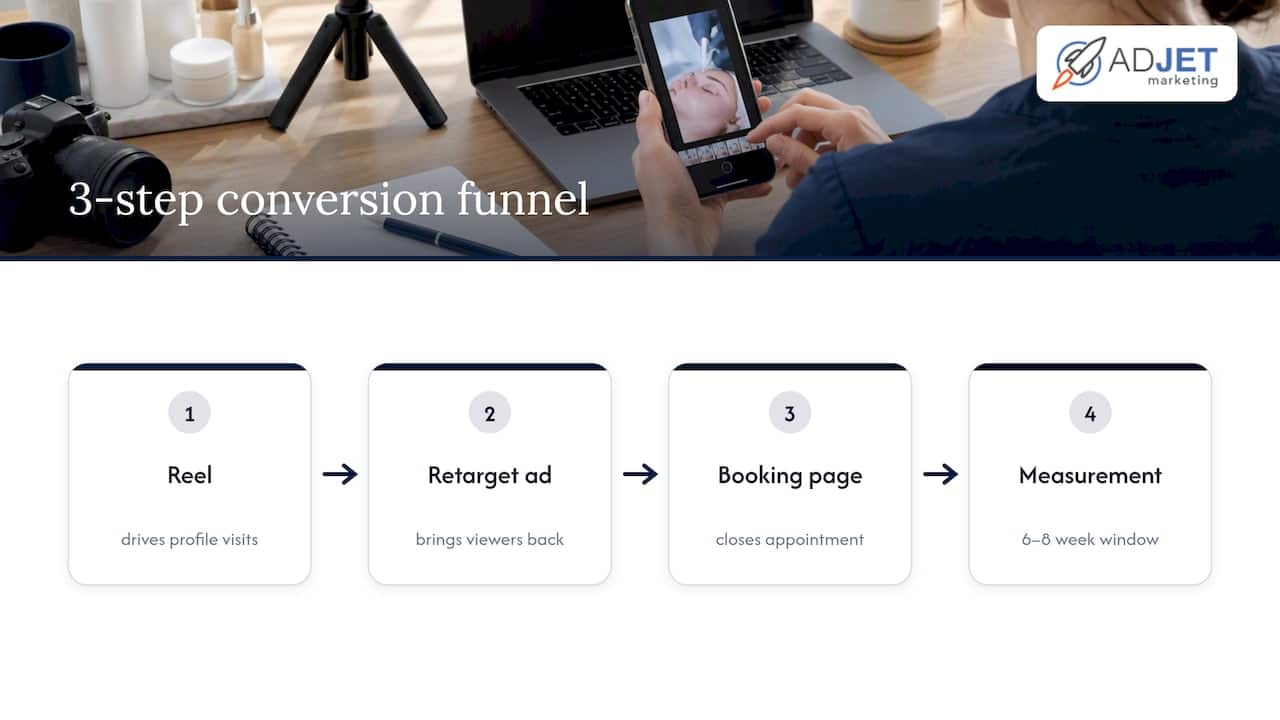 Reel, retargeting ad, and booking page funnel