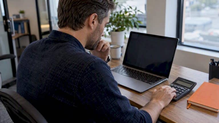 Agent comparing advertising costs at worktable
