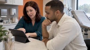 Clinic owner and adviser reviewing injectable service wording
