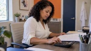 Med spa owner calculating a monthly advertising budget